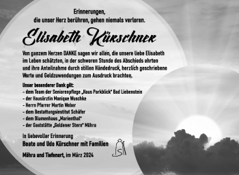 Traueranzeige von Elisabeth Kürschner von Südthüringer Presse