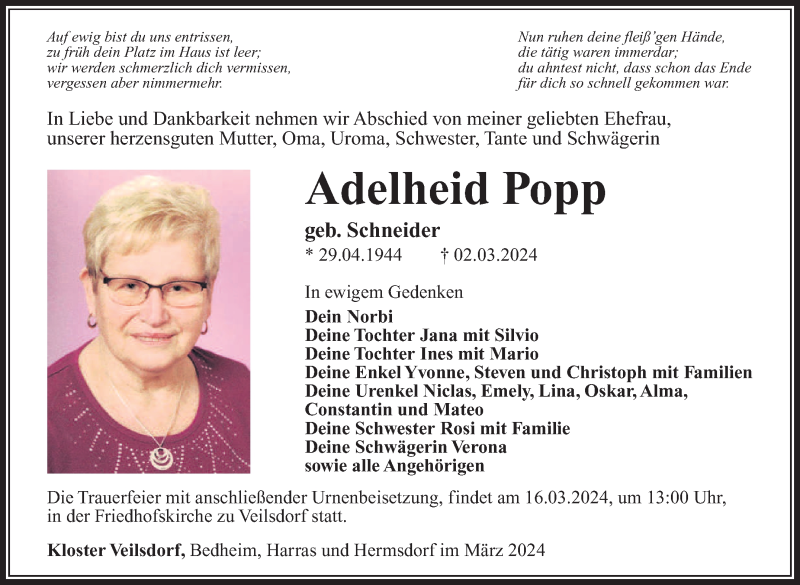  Traueranzeige für Adelheid Popp vom 09.03.2024 aus Südthüringer Presse