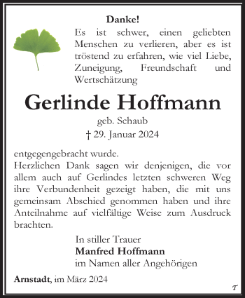 Traueranzeige von Gerlinde Hoffmann von Südthüringer Presse