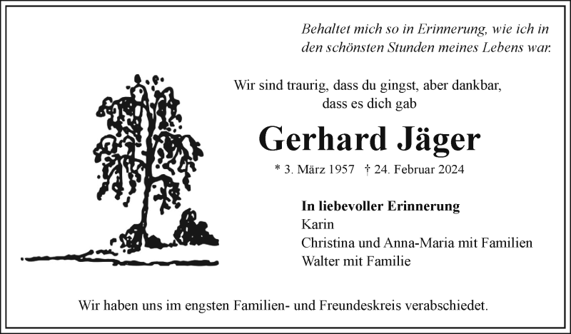  Traueranzeige für Gerhard Jäger vom 02.03.2024 aus Frankenpost