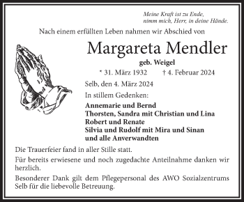 Traueranzeige von Margareta Mendler von Frankenpost
