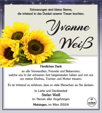 Traueranzeige von Yvonne Weiß von Südthüringer Presse