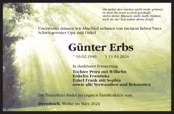 Traueranzeige von Günter Erbs von Südthüringer Presse