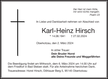 Traueranzeige von Karl-Heinz Hirsch von Frankenpost