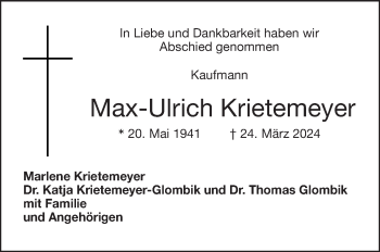 Traueranzeige von Max-Ulrich Krietemeyer von Frankenpost