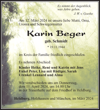 Traueranzeige von Karin Beger von Südthüringer Presse