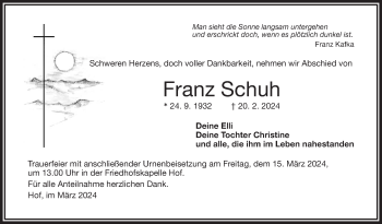 Traueranzeige von Franz Schuh von Frankenpost