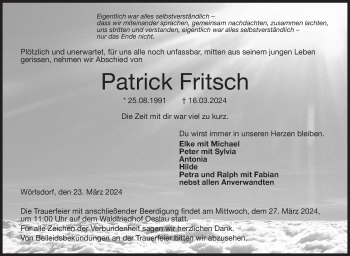 Traueranzeige von Patrick Fritsch von Neue Presse Coburg
