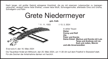 Traueranzeige von Grete Niedermeyer von Neue Presse Coburg
