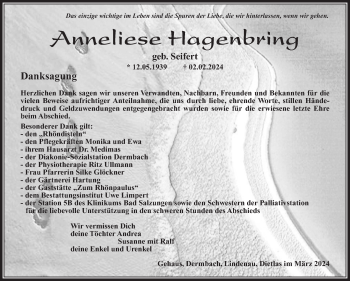 Traueranzeige von Anneliese Hagenbring von Südthüringer Presse