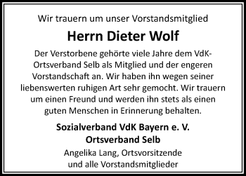 Traueranzeige von Dieter Wolf von Frankenpost