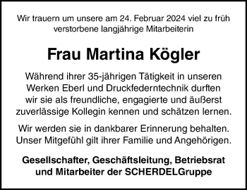 Traueranzeige von Martina Kögler von Frankenpost