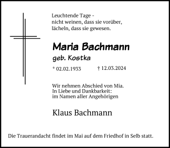 Traueranzeige von Maria Bachmann von Frankenpost