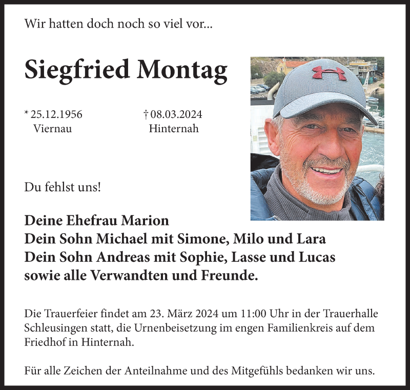  Traueranzeige für Siegfried Montag vom 16.03.2024 aus Südthüringer Presse