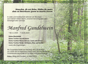 Traueranzeige von Manfred Gundelwein von Südthüringer Presse