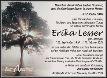 Traueranzeige von Erika Lesser von Südthüringer Presse