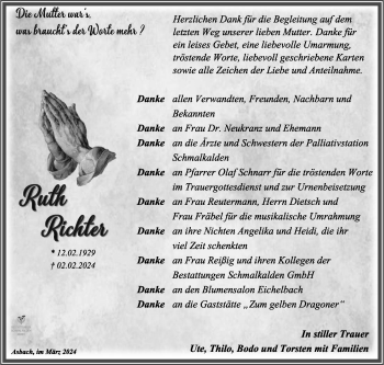 Traueranzeige von Ruth Richter von Südthüringer Presse