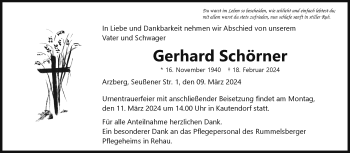 Traueranzeige von Gerhard Schörner von Frankenpost