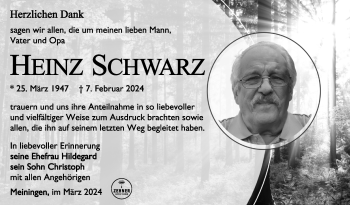 Traueranzeige von Heinz Schwarz von Südthüringer Presse