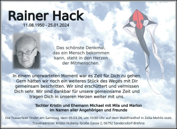 Traueranzeige von Rainer Hack von Südthüringer Presse