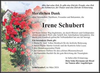 Traueranzeige von Irene Schubert von Südthüringer Presse