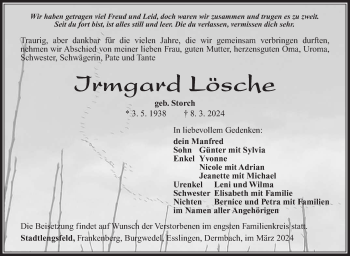 Traueranzeige von Irmgard Lösche von Südthüringer Presse