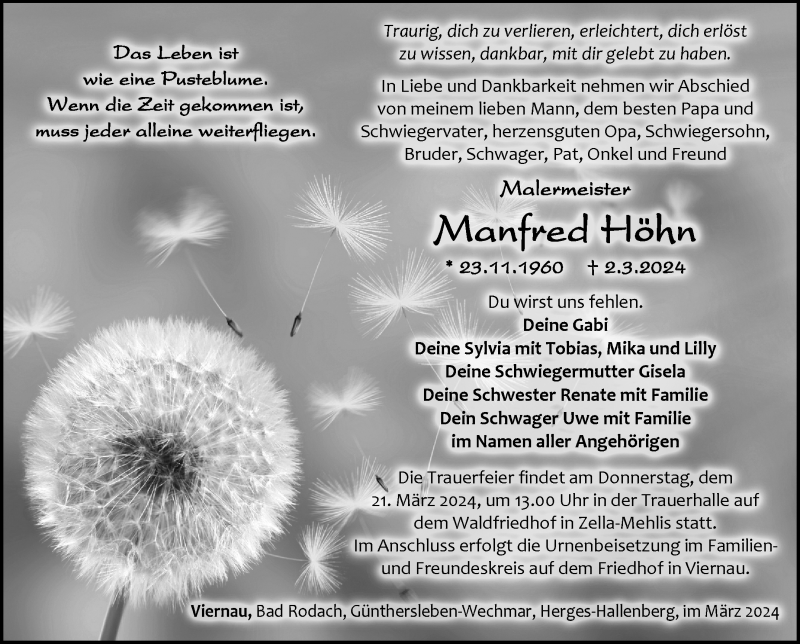  Traueranzeige für Manfred Höhn vom 09.03.2024 aus Südthüringer Presse