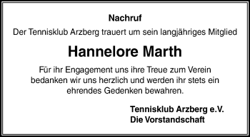 Traueranzeige von Hannelore Marth von Frankenpost