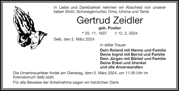 Traueranzeige von Gertrud Zeidler von Frankenpost