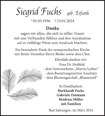 Traueranzeige von Siegrid Fuchs von Südthüringer Presse