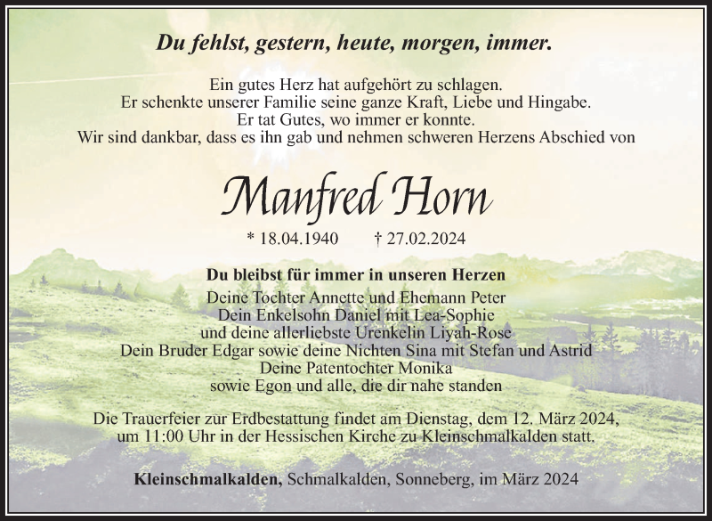  Traueranzeige für Manfred Horn vom 06.03.2024 aus Südthüringer Presse