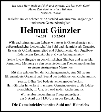 Traueranzeige von Helmut Günzler von Südthüringer Presse