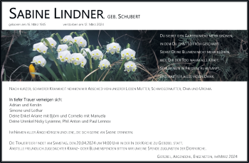 Traueranzeige von Sabine Lindner von Südthüringer Presse
