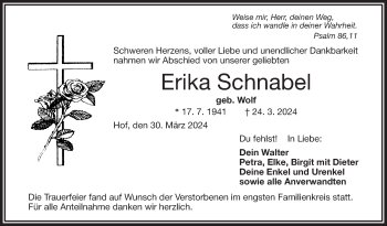 Traueranzeige von Erika Schnabel von Frankenpost