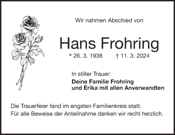 Traueranzeige von Hans Frohring von Frankenpost