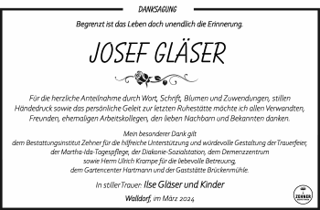 Traueranzeige von Josef Gläser von Südthüringer Presse