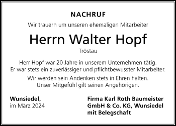 Traueranzeige von Walter Hopf von Frankenpost