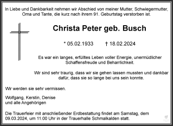 Traueranzeige von Christa Peter von Südthüringer Presse