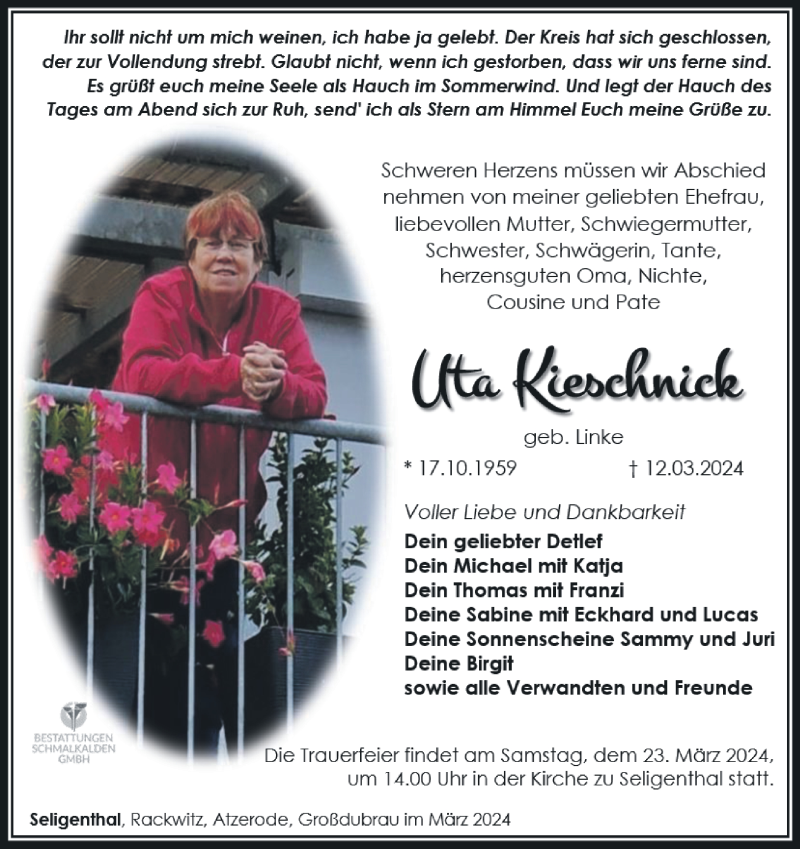  Traueranzeige für Uta Kieschnick vom 16.03.2024 aus Südthüringer Presse