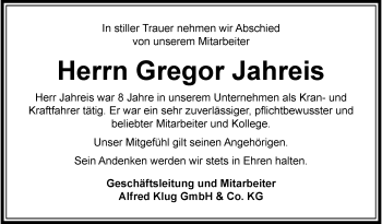 Traueranzeige von Gregor Jahreis von Frankenpost