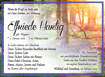 Traueranzeige von Elfriede Hartig von Südthüringer Presse