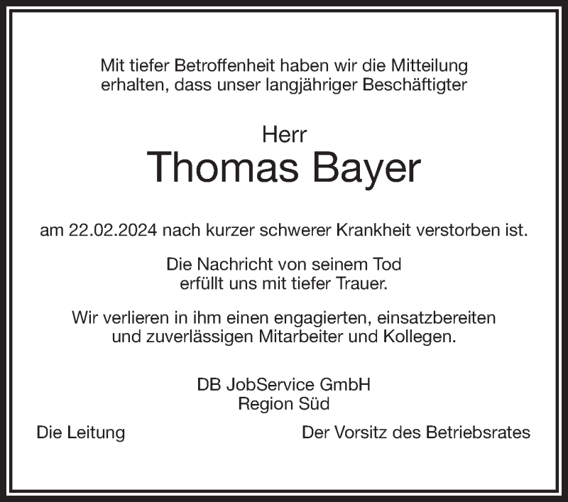  Traueranzeige für Thomas Bayer vom 06.03.2024 aus Frankenpost
