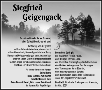 Traueranzeige von Siegfried Geigengack von Südthüringer Presse