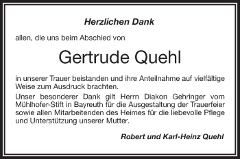 Traueranzeige von Gertrude Quehl von Frankenpost