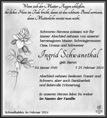 Traueranzeige von Ingrid Schwanethal von Südthüringer Presse