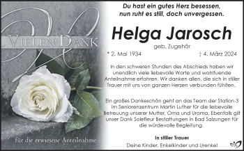 Traueranzeige von Helga Jarosch von Südthüringer Presse