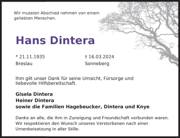 Traueranzeige von Hans Dintera von Südthüringer Presse