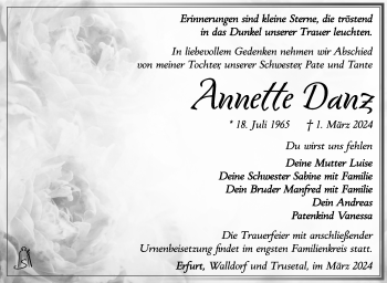 Traueranzeige von Annette Danz von Südthüringer Presse