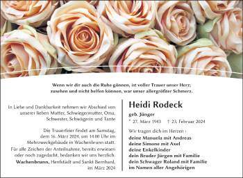 Traueranzeige von Heidi Rodeck von Südthüringer Presse