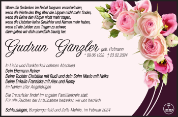 Traueranzeige von Gudrun Günzler von Südthüringer Presse